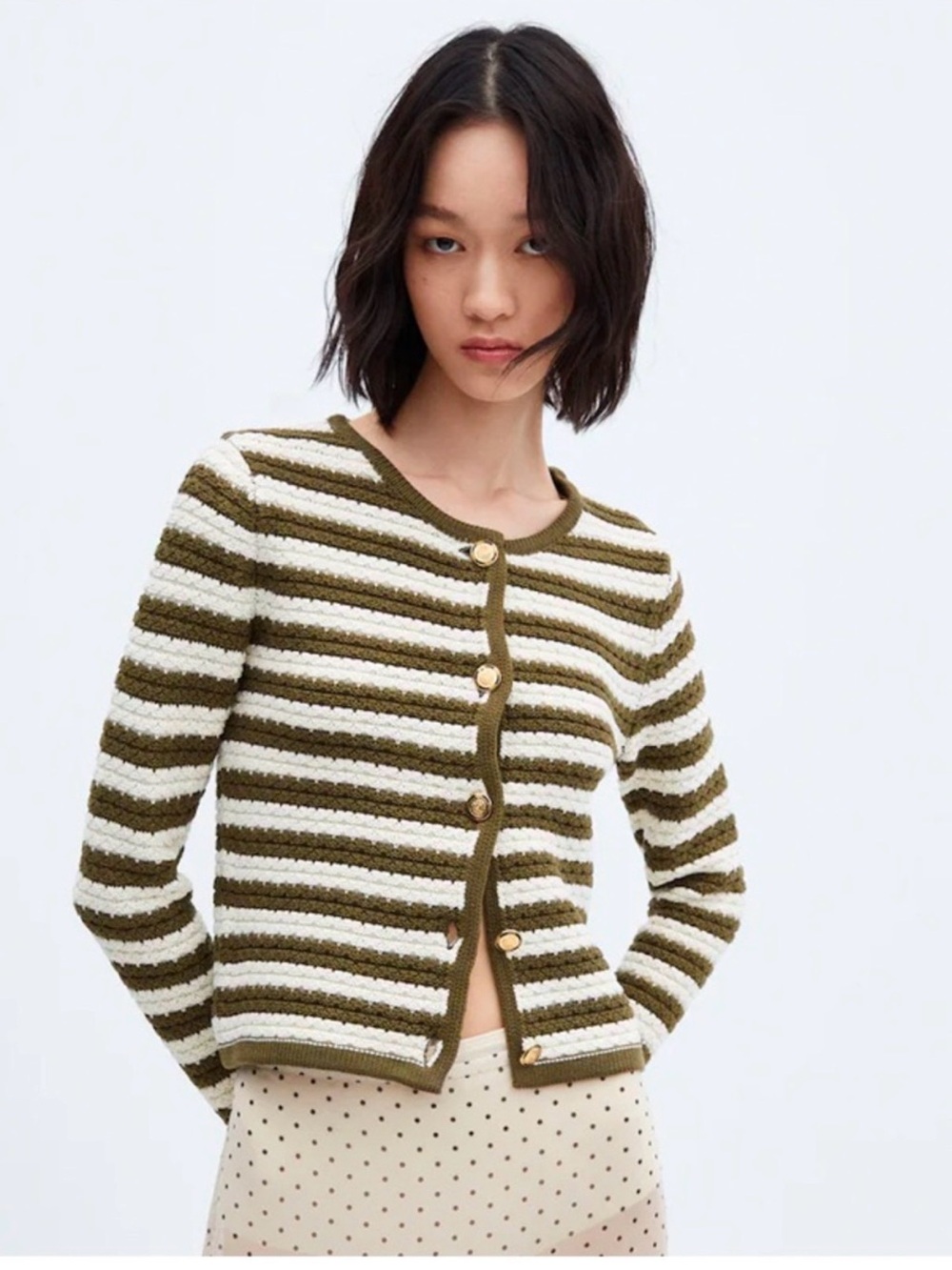 Mango Olive and Cream Striped Heart-Button Cardigan